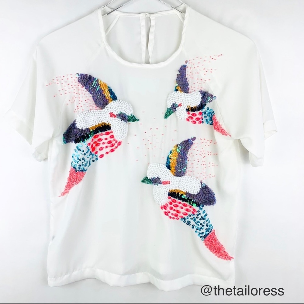 Alice McCall Birds of Paradise Sequin Bead Embroidered Blouse White